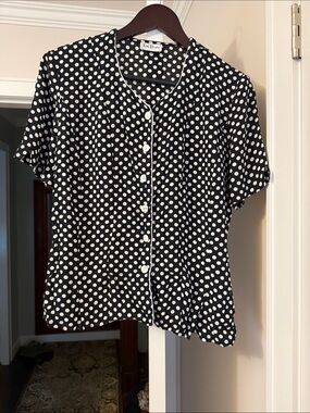 Betty Barclay Black White polka dots Viscose Short Sleeve Button Blouse Size:40